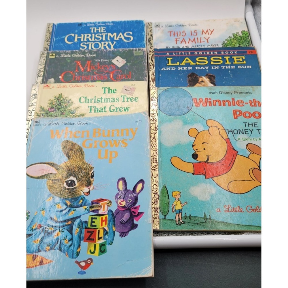 Vintage Lot of 7 Little Golden Books - Pooh, Lassie, Mickey, Christmas